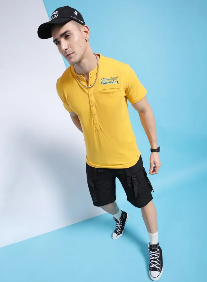 شركة المرآب الهندية Men Slim Fit Placement Embroidery Henley Tshirt
