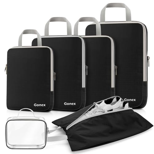 Gonex Compression Packing Cubes 6pcs Expandable Storage Travel Luggage Bags Organizers with Shoe Bag Clear Toiletry Bag Black - Image 1