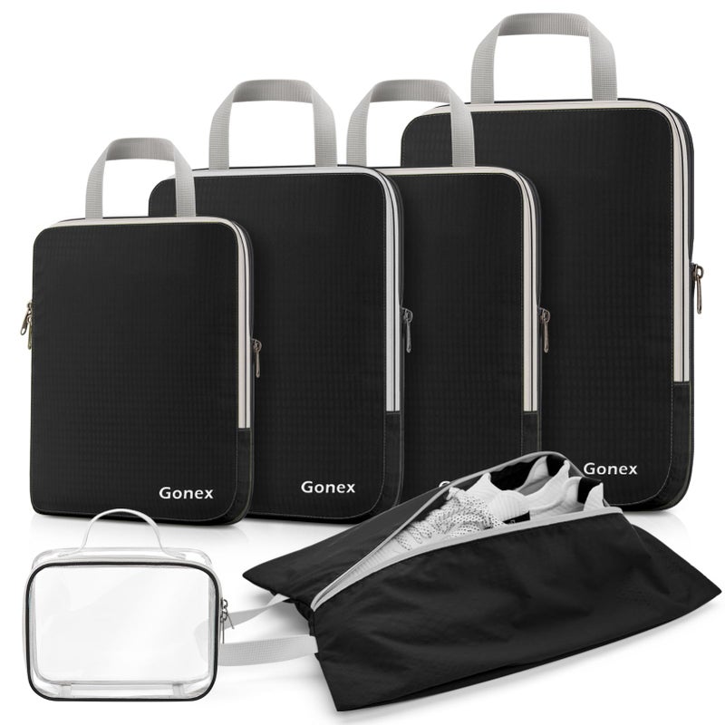Gonex Compression Packing Cubes 6pcs Expandable Storage Travel Luggage Bags Organizers with Shoe Bag Clear Toiletry Bag Black - Image 2