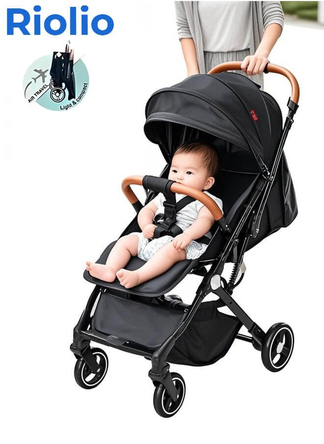 Riolio - Lightweight Stroller,Foldable Baby Stroller, 0-3 Year Old Baby Travel Stroller With Storage Basket, Four-Wheel Suspension, One Click Folding, Can Sit Or Lie Down, 5-Point Seat Belt, Grey - Image 1