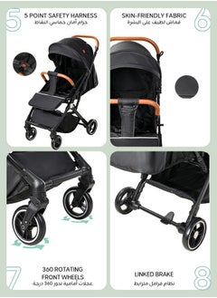Riolio Lightweight Stroller,Foldable Baby Stroller, 0-3 Year Old Baby Travel Stroller With Storage Basket, Four-Wheel Suspension, One Click Folding, Can Sit Or Lie Down, 5-Point Seat Belt, Grey  - Image 4