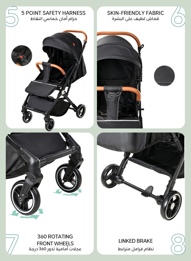 hibobi Lightweight Stroller,Foldable Baby Stroller, 0-3 Year Old Baby Travel Stroller With Storage Basket, Four-Wheel Suspension, One Click Folding, Can Sit Or Lie Down, 5-Point Seat Belt, Grey - Image 3