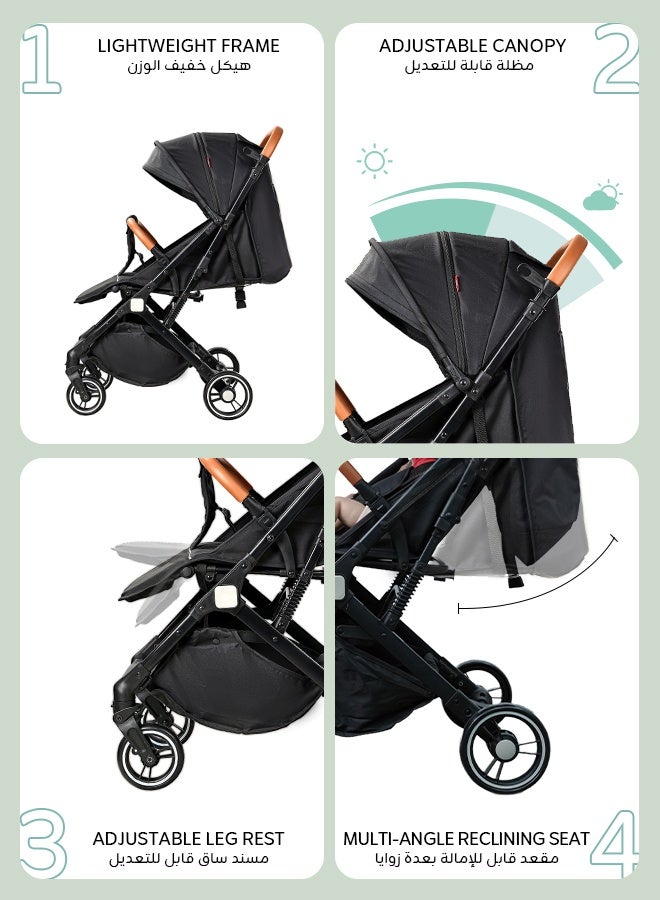 hibobi Lightweight Stroller,Foldable Baby Stroller, 0-3 Year Old Baby Travel Stroller With Storage Basket, Four-Wheel Suspension, One Click Folding, Can Sit Or Lie Down, 5-Point Seat Belt, Grey - Image 2