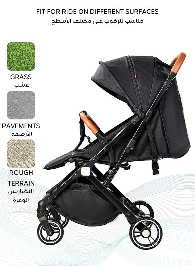 hibobi Lightweight Stroller,Foldable Baby Stroller, 0-3 Year Old Baby Travel Stroller With Storage Basket, Four-Wheel Suspension, One Click Folding, Can Sit Or Lie Down, 5-Point Seat Belt, Grey - Image 5