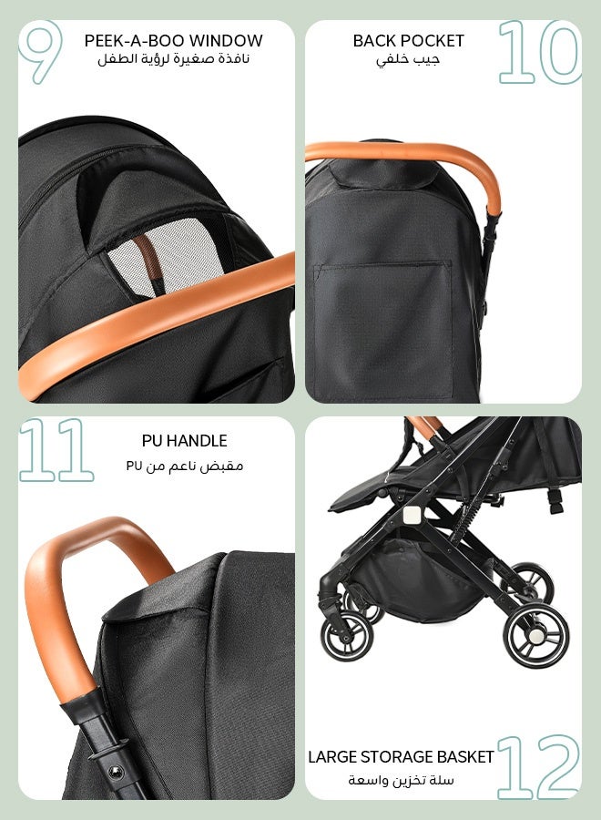 hibobi Lightweight Stroller,Foldable Baby Stroller, 0-3 Year Old Baby Travel Stroller With Storage Basket, Four-Wheel Suspension, One Click Folding, Can Sit Or Lie Down, 5-Point Seat Belt, Grey - Image 4