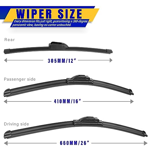 Rooppa 3 wipers Replacement for 2017-2021 2022 Kia Niro, Windshield Wiper Blades Original Equipment Replacement - 26"/16"/12" (Set of 3) U/J HOOK - Image 2