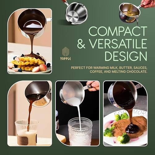 Yopple Stainless Steel Milk Pan with Pour Spout & Wooden Handle | Measuring Saucepan for Tea, Coffee, Milk & Soup | Heavy Gauge Rust-Free Steel | Ergonomic Heat Resistant Handle | Kitchen Cookware Pot - Image 4