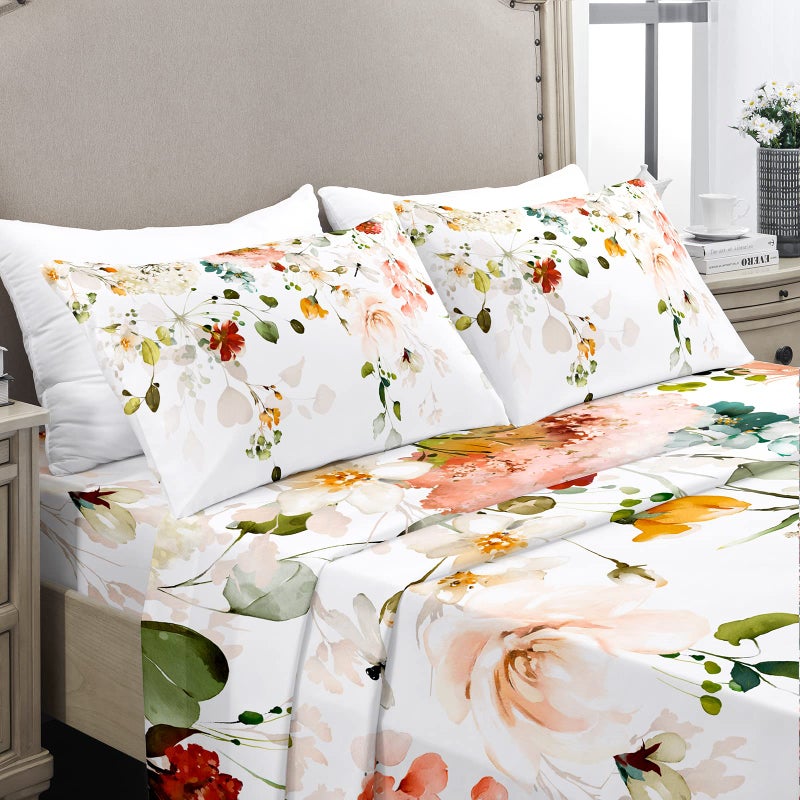 YIYEA Floral King Size Sheets Set 1800 Thread Count Brushed Microfiber Floral Bed Sheets for King Size Bed Extra Soft Deep Pocket Shrinkage and Fade Resistant 4 Piece Set King