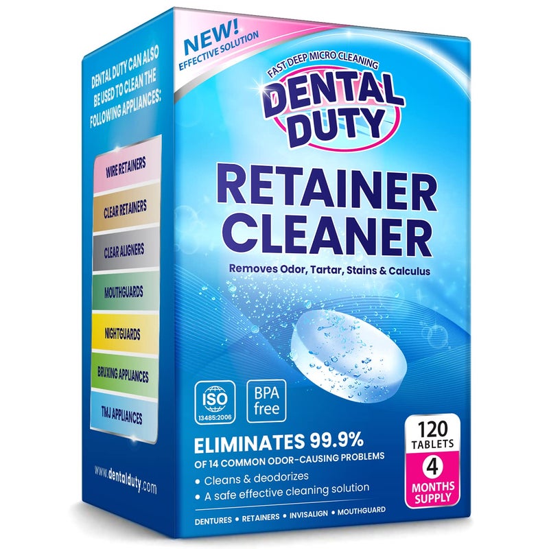 Dental Duty 120 units Retainer Cleaner and Denture Cleaning Tablets Mouthguard cleaner and Denture cleaner tablets Remove Plaque Odors and Stains from Aligners Night guard and Removable Dental Appliances