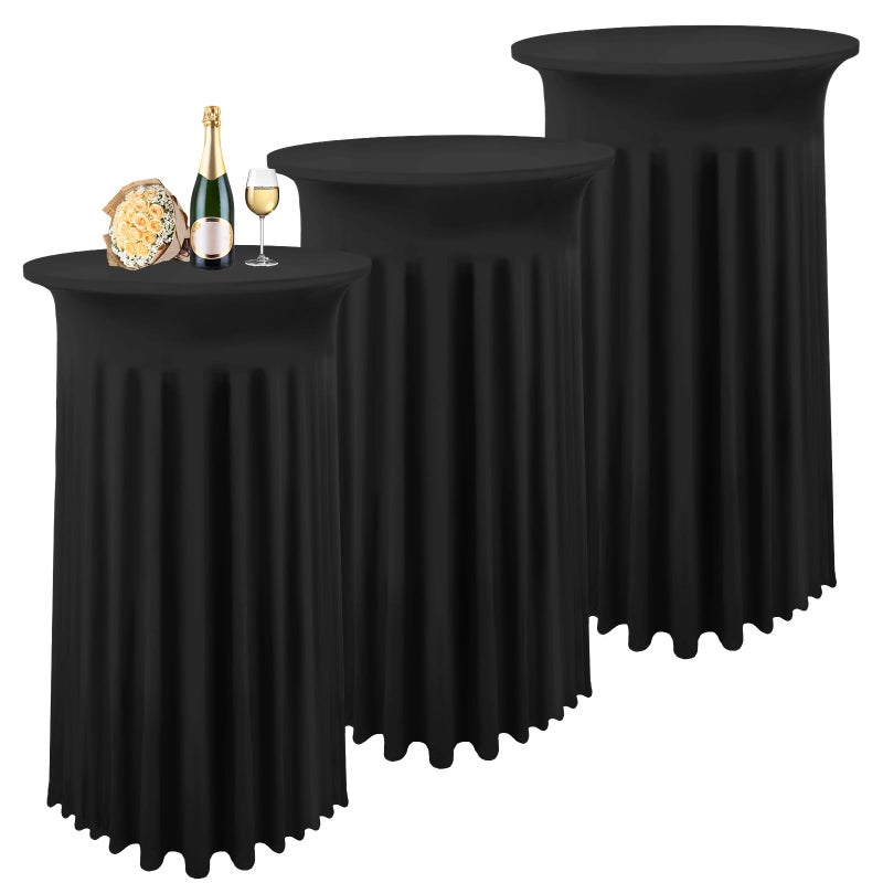 Lykoow Lykoow 3 Packs Cocktail Table Covers Spandex Stretch Black Round Tablecloth With Skirt 32x 43 Upgraded Model High Top Fitted Dress for Party Wedding Banquet