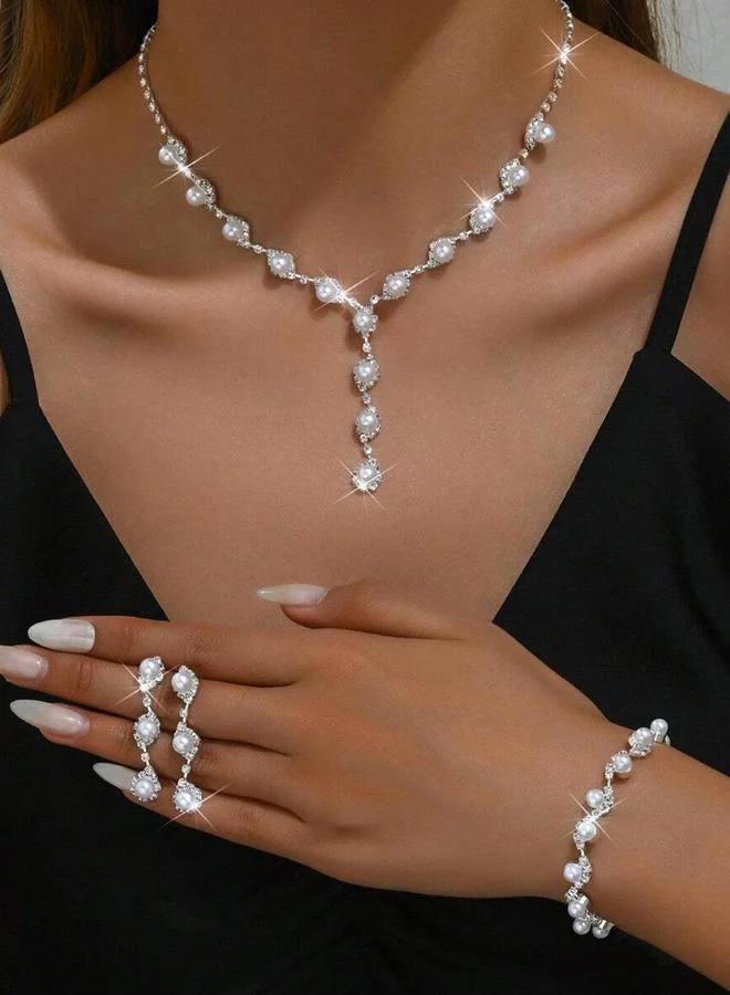تايك تو Take Two Set of 3 - Faux Pearl Embellished Necklace, Earrings and Bracelet