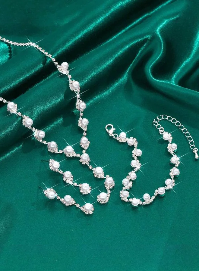 تايك تو Take Two Set of 3 - Faux Pearl Embellished Necklace, Earrings and Bracelet