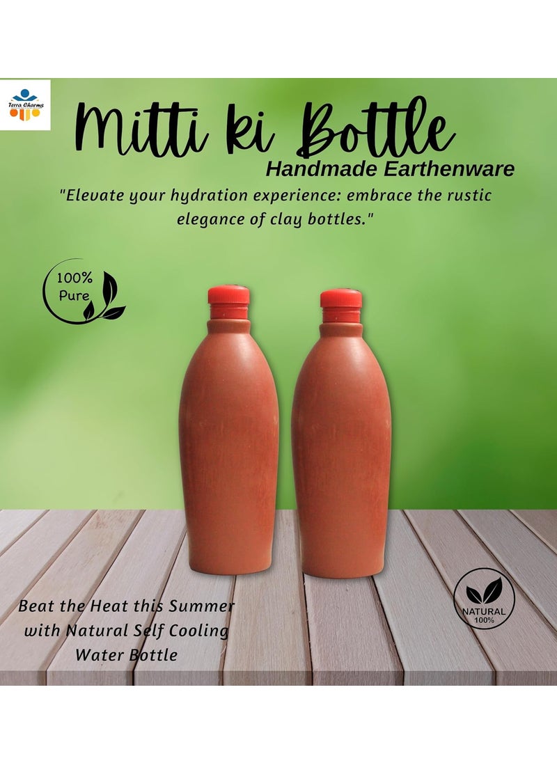 Terra Charms Terra Charms Terracotta Clay Water Bottle Handmade Earthen EcoFriendly Mitti Water BottleCombo Set Pack of 2 Pcs Handcrafted Bottle Water Bottle With Steel Cap 1 Litre Capacity Each  - Image 2