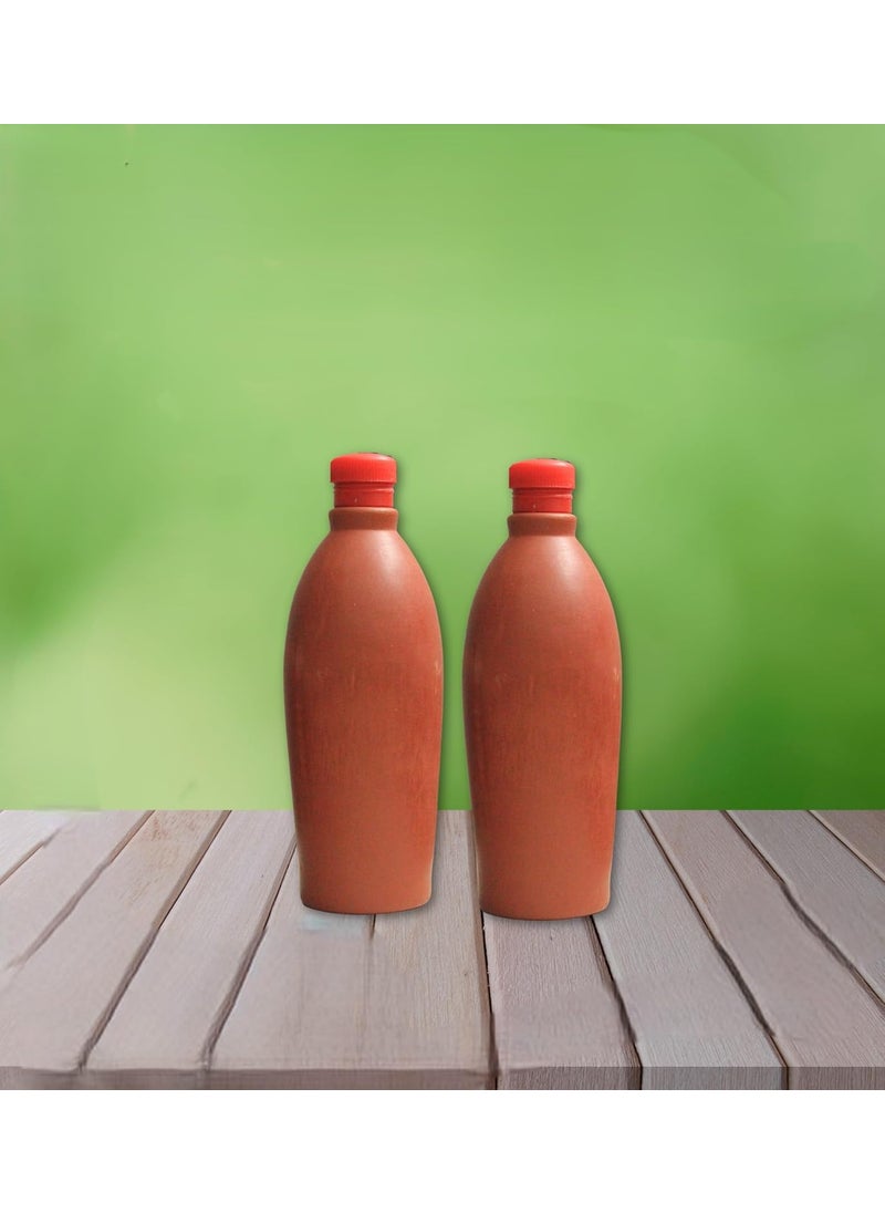 Terra Charms Terra Charms Terracotta Clay Water Bottle Handmade Earthen EcoFriendly Mitti Water BottleCombo Set Pack of 2 Pcs Handcrafted Bottle Water Bottle With Steel Cap 1 Litre Capacity Each  - Image 1