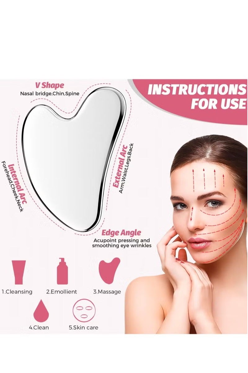 Gua Sha أداة الوجه، الفولاذ المقاوم للصدأ GuaSha الوجه رفع التدليك الجمال المعدنية مجلس العناية بالبشرة كشط العناية بالبشرة الذاتية الصرف الليمفاوي تدليك رفع مكافحة الشيخوخة والتجاعيد Jawline أدوات ممارسة - Image 5