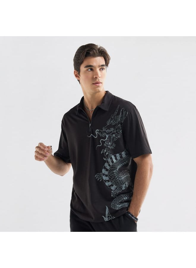 FAV Dragon Print Polo T-shirt with Zip Closure and Short Sleeves  - Image 1