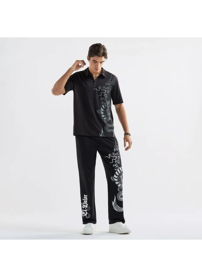 FAV Dragon Print Polo T-shirt with Zip Closure and Short Sleeves