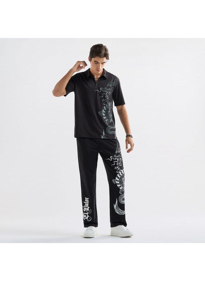FAV Dragon Print Polo T-shirt with Zip Closure and Short Sleeves  - Image 2