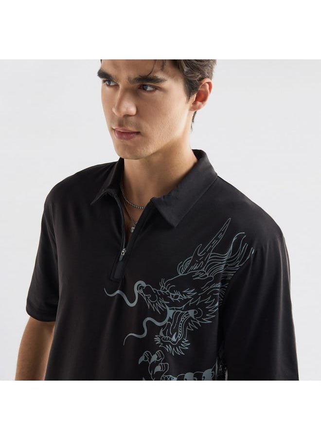 FAV Dragon Print Polo T-shirt with Zip Closure and Short Sleeves  - Image 4
