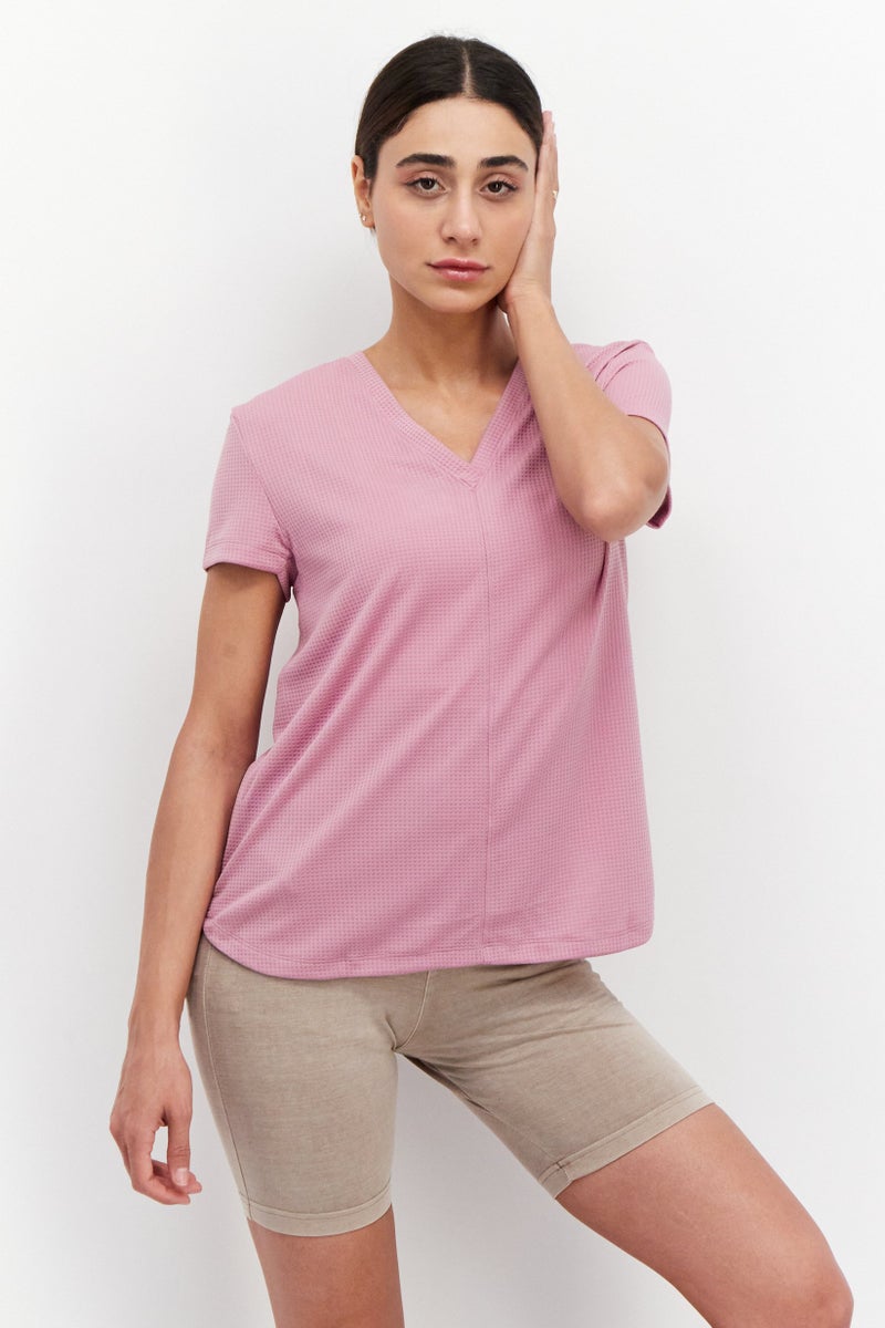 PUMA Women V-Neck Short Sleeve Plain Outdoor Top, Purple - Image 1