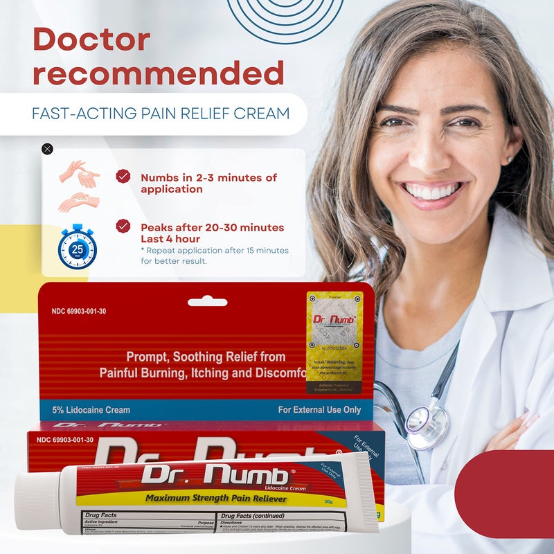Dr.Numb Dr. Numb 5% Lidocaine Numbing Cream - Maximum Strength Tattoo Numbing Cream - Nonprescription Topical Anesthetic Pain Relief Cream for Tattooing, Piercing, Microneedling, Hemorrhoid Treatment - 30g - Image 4