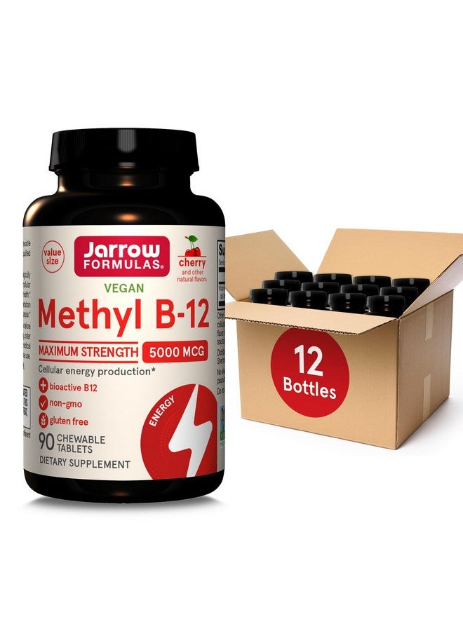 Jarrow Formulas Maximum Strength Methyl B-12 5000 mcg Dietary Supplement - 90 Cherry Chewable Tablets - Bioactive Vitamin B-12 - Supports Cellular Energy Production, Sleep & Brain Health (Pack of 12) - Image 1
