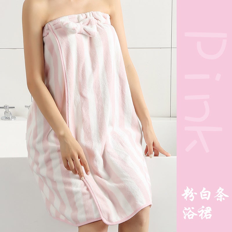 New Coarse Striped Coral Fleece Bath Skirt Dry Hair Cap Suit Tube Bath Towel Wearing Tube Bath Skirt Women Home - Image 1