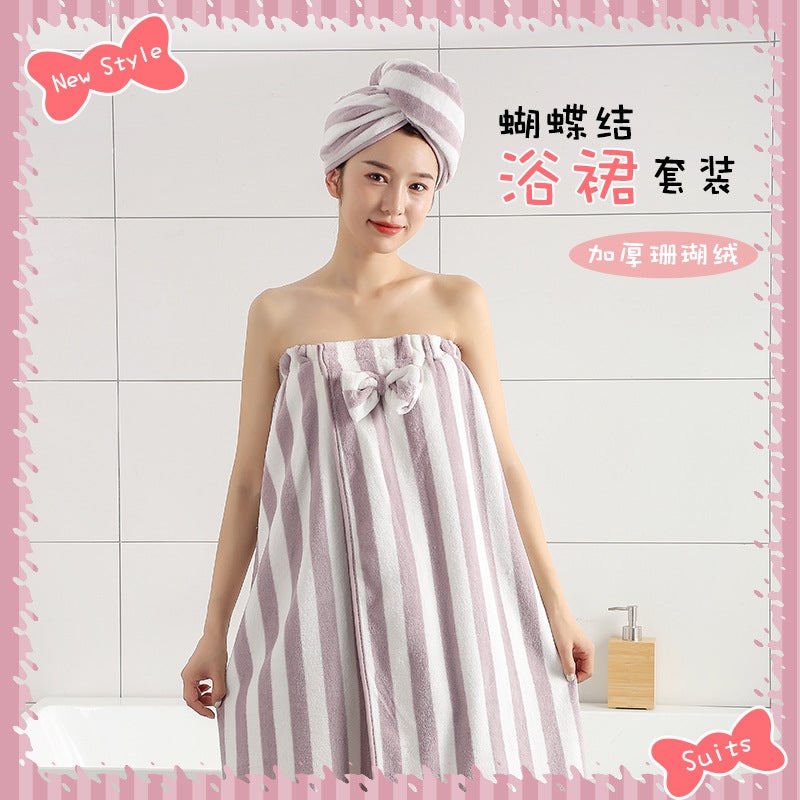 New Coarse Striped Coral Fleece Bath Skirt Dry Hair Cap Suit Tube Bath Towel Wearing Tube Bath Skirt Women Home - Image 5