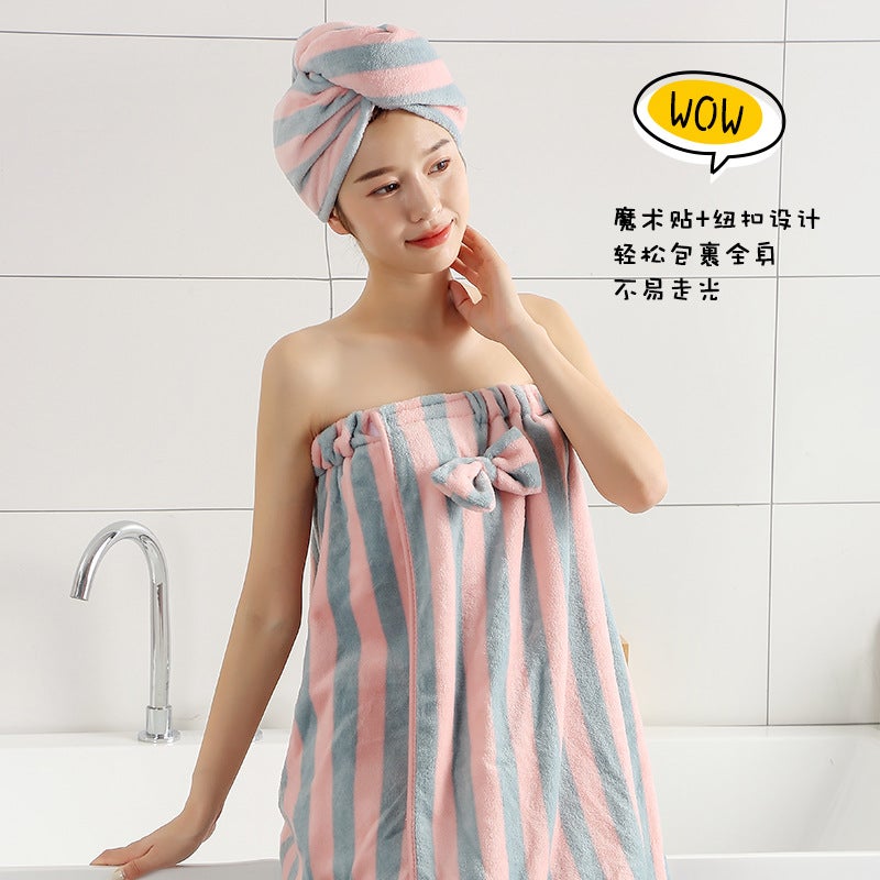 New Coarse Striped Coral Fleece Bath Skirt Dry Hair Cap Suit Tube Bath Towel Wearing Tube Bath Skirt Women Home - Image 3