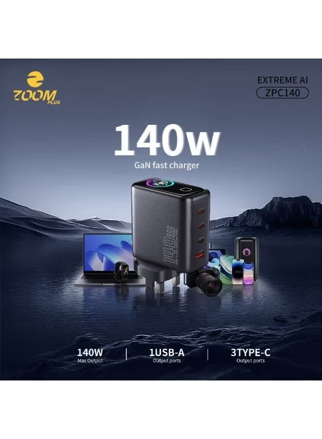 زوم بلس شاحن ZOOM PLUS ZPC140 Extreme AI بقدرة 140 واط بتقنية GaN مع شاشة ذكية ومنافذ USB-C وUSB-A متعددة لشحن اللابتوب والهواتف والأجهزة الذكية - Image 1