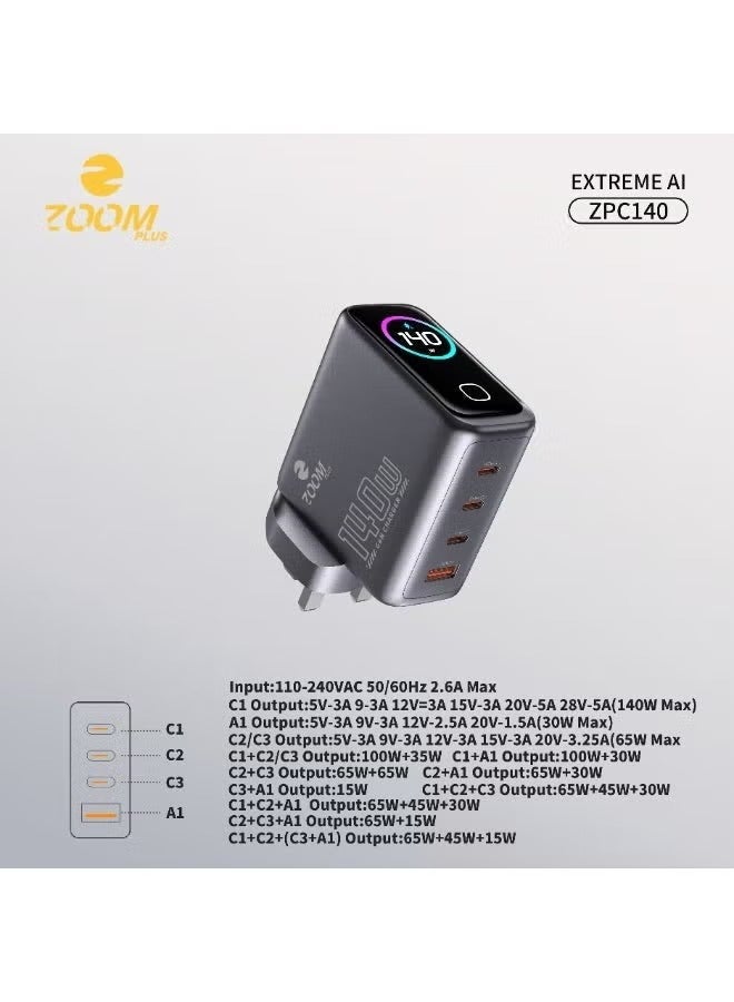 زوم بلس شاحن ZOOM PLUS ZPC140 Extreme AI بقدرة 140 واط بتقنية GaN مع شاشة ذكية ومنافذ USB-C وUSB-A متعددة لشحن اللابتوب والهواتف والأجهزة الذكية - Image 4