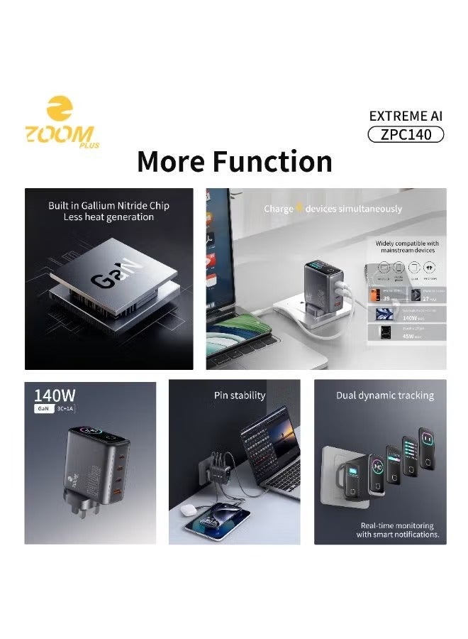 زوم بلس شاحن ZOOM PLUS ZPC140 Extreme AI بقدرة 140 واط بتقنية GaN مع شاشة ذكية ومنافذ USB-C وUSB-A متعددة لشحن اللابتوب والهواتف والأجهزة الذكية - Image 3