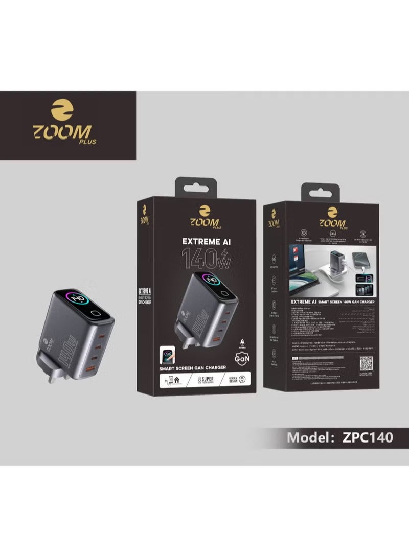 زوم بلس شاحن ZOOM PLUS ZPC140 Extreme AI بقدرة 140 واط بتقنية GaN مع شاشة ذكية ومنافذ USB-C وUSB-A متعددة لشحن اللابتوب والهواتف والأجهزة الذكية - Image 2