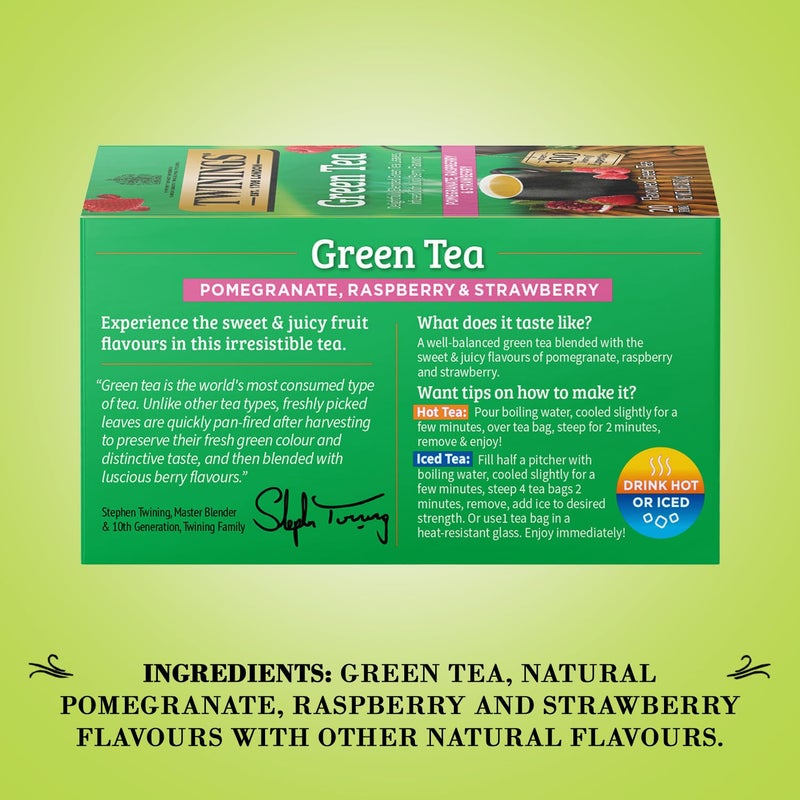 Twinings Green Tea with Pomegranate, Raspberry, and Strawberry - Caffeinated Green Tea Bags Individually Wrapped, 20 Count (Pack of 2) - Image 4