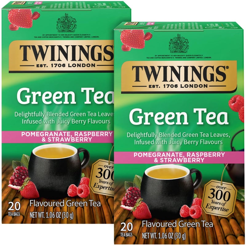 Twinings Green Tea with Pomegranate, Raspberry, and Strawberry - Caffeinated Green Tea Bags Individually Wrapped, 20 Count (Pack of 2) - Image 1