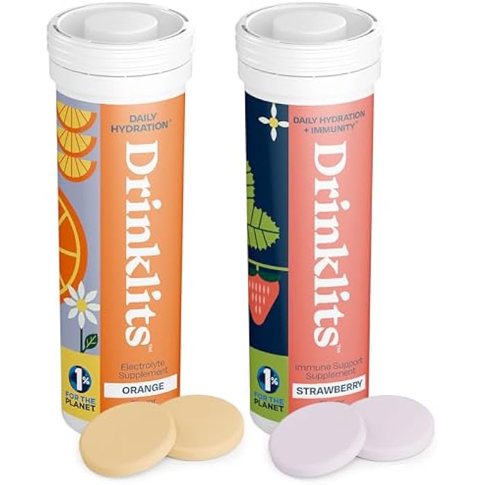 Drinklits Orange Daily Hydration Tablets + Strawberry Immunity Tablets (2) Tube Pack | Essential Electrolytes – Great Taste – Immune Support | 20 Servings (10 Tablets Per Tube) - Image 1