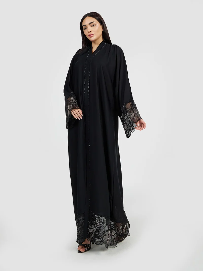 Reem Abayas Elegant Black Abaya with Sheer Lace Hem & Beaded Accents