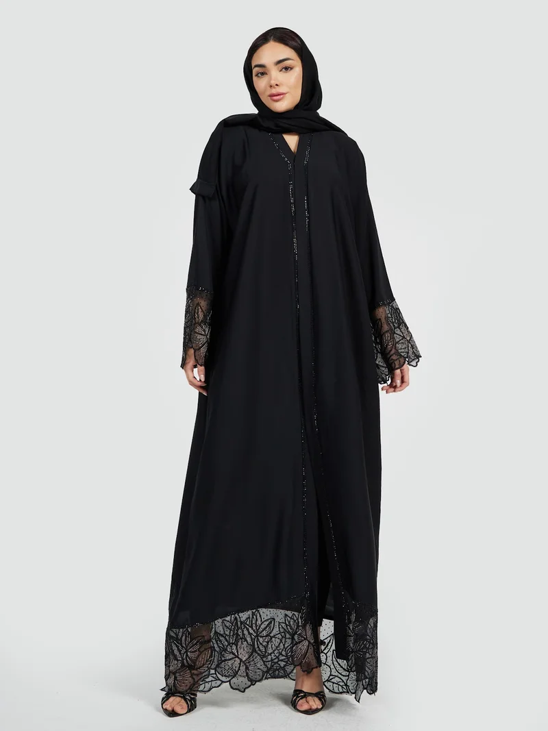 Elegant Black Abaya with Sheer Lace Hem & Beaded Accents