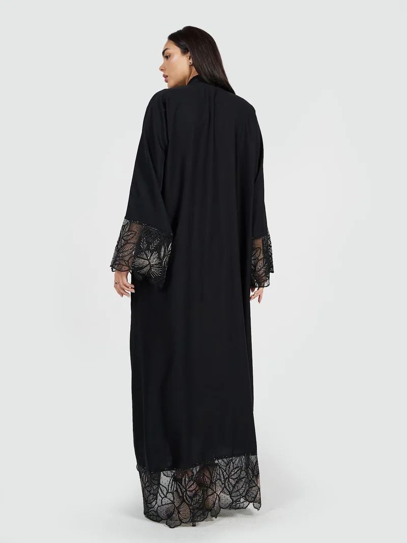 Reem Abayas  Elegant Black Abaya with Sheer Lace Hem & Beaded Accents for Women | Best Price UAE