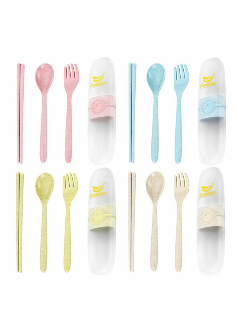 كابتن تيك 3PCS Travel Utensils, 4 sets Reusable Portable Cutlery Set, Natural Wheat Straw Chopstick Fork and Spoon Set Plastic Silverware with Carrying Case, for School, Office, kids, Adult (4 sets, 4 colors) - Image 1