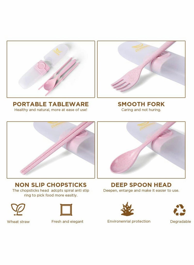 كابتن تيك 3PCS Travel Utensils, 4 sets Reusable Portable Cutlery Set, Natural Wheat Straw Chopstick Fork and Spoon Set Plastic Silverware with Carrying Case, for School, Office, kids, Adult (4 sets, 4 colors) - Image 2
