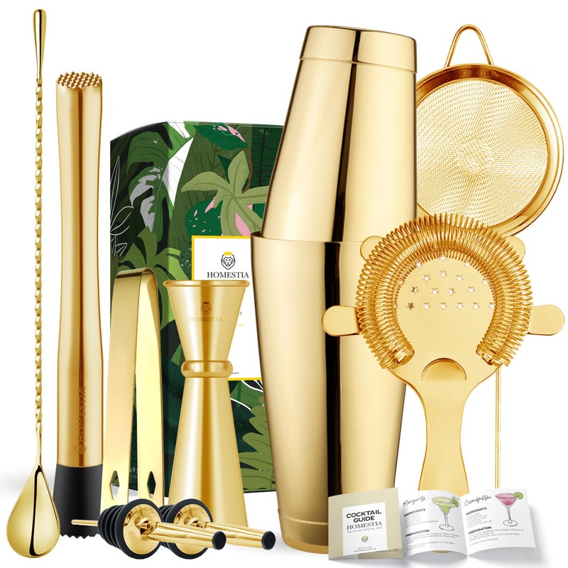 Homestia مجموعة هومستيا بوسطن لاهتزاز الكوكتيل 8 قطع طقم بار مع 18 أونصة 28 أونصة هزاز مصفاة مدقة قياس ملعقة خلط صبّات ملقط أدوات بار من الفولاذ المقاوم للصدأ ذهبية