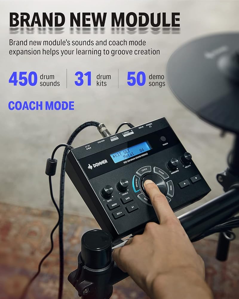 Donner DED-200 Electric Drum Sets with Quiet Mesh Drum Pads, 2 Cymbals w/Choke, 31 Kits and 450+ Sounds, Throne, Headphones, Sticks, USB MIDI, Melodics Lessons (5 Pads, 3 Cymbals) - Image 4