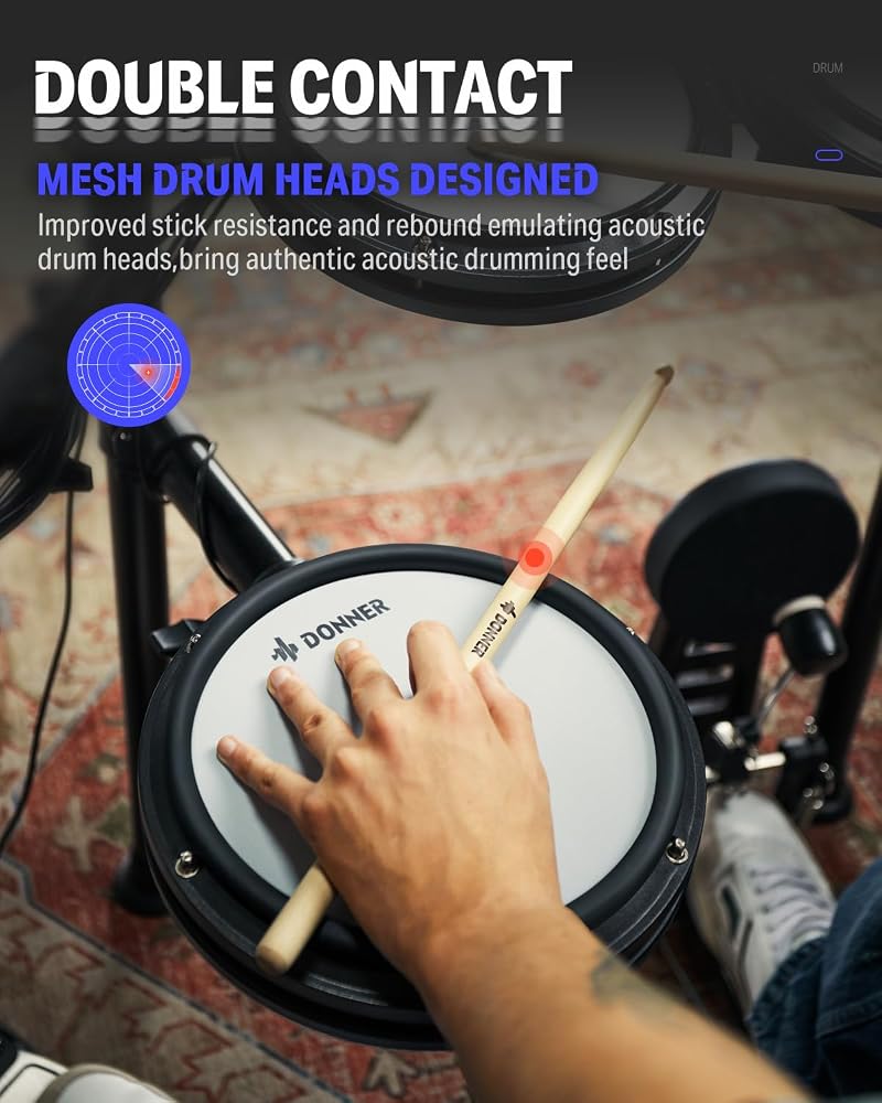 Donner DED-200 Electric Drum Sets with Quiet Mesh Drum Pads, 2 Cymbals w/Choke, 31 Kits and 450+ Sounds, Throne, Headphones, Sticks, USB MIDI, Melodics Lessons (5 Pads, 3 Cymbals) - Image 2