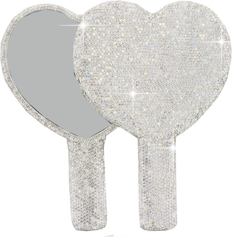 Bestbling Bling Rhinestone Heart Handheld Mirror - Portable & Dazzling Makeup Mirror for On-The-Go Touch-ups (Plastic White)