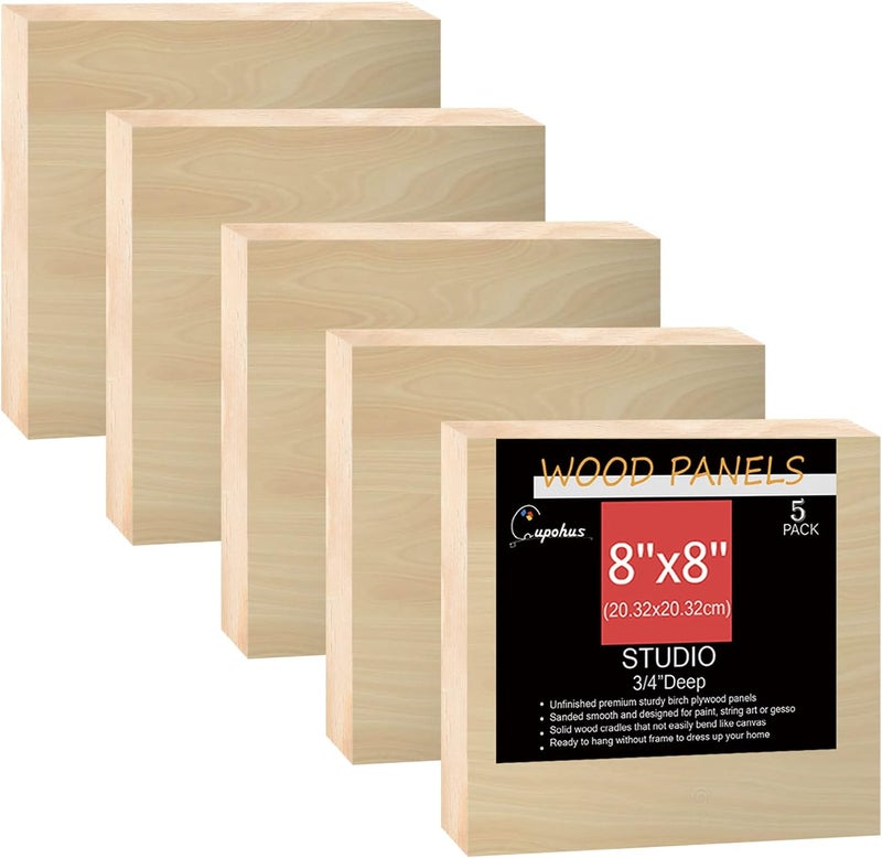 Cupohus Unfinished Wood Boards Canvas for Painting, 5 Packs 3/4'' Deep 8'' x 8'' Wooden Cradled Panels for Pouring Art, Crafts, Paints and More - Image 1