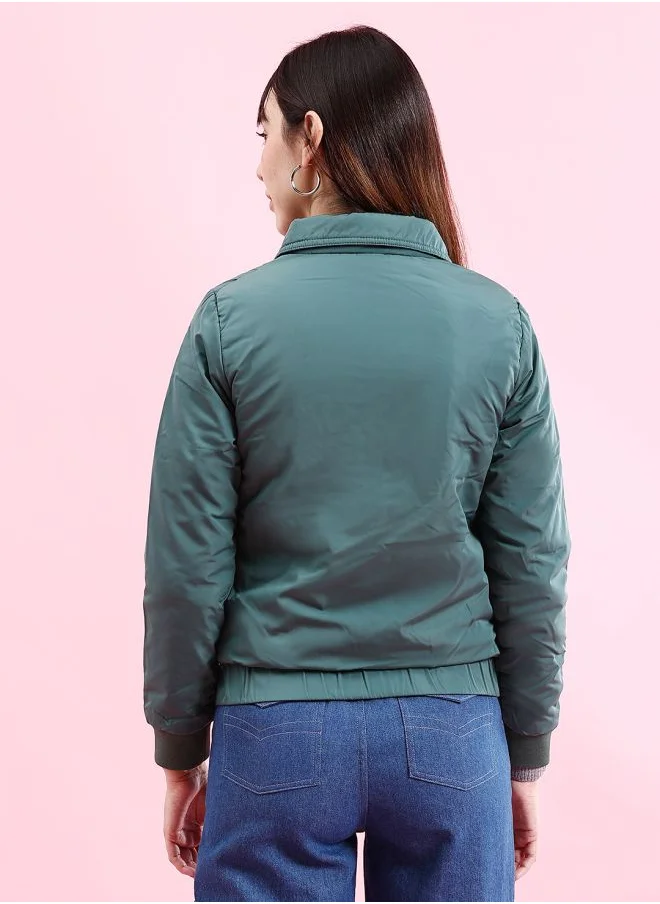 Freehand Women Regular Fit Solid Crop Cargo Puffer Jacket