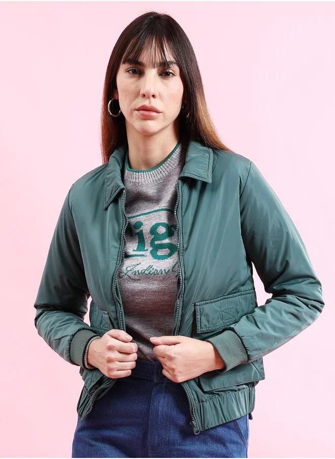 Freehand Women Regular Fit Solid Crop Cargo Puffer Jacket