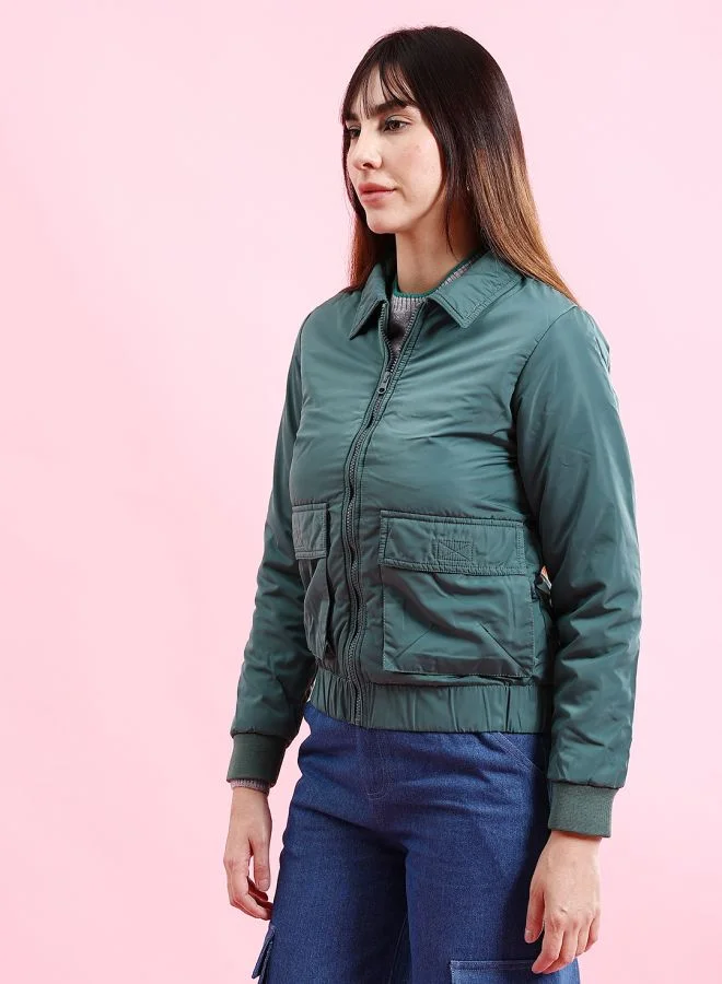 Freehand Women Regular Fit Solid Crop Cargo Puffer Jacket