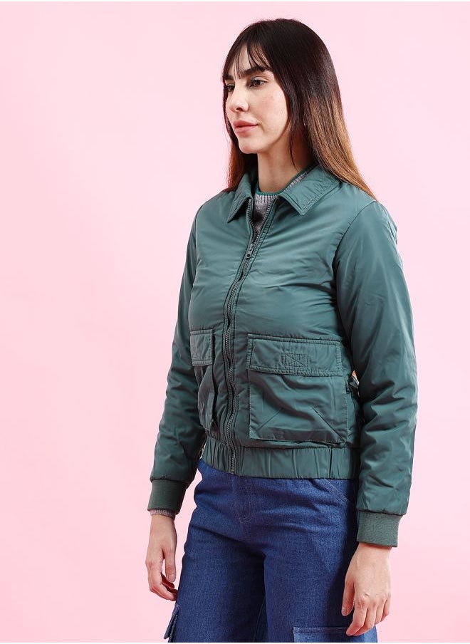 Freehand Women Regular Fit Solid Crop Cargo Puffer Jacket  - Image 3